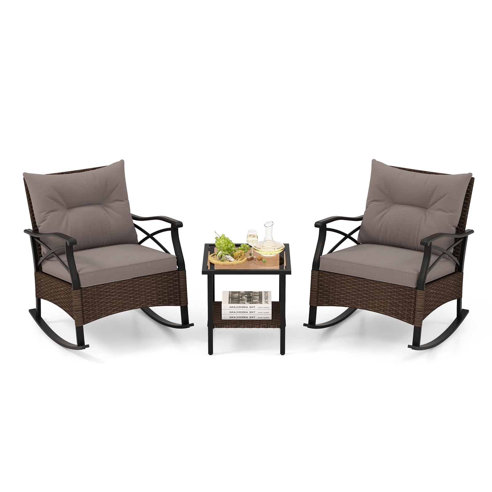 Tangkula Lot de 3 fauteuils à bascule d'extérieur en rotin robuste avec coussins et table basse à 2 niveaux en verre trempé